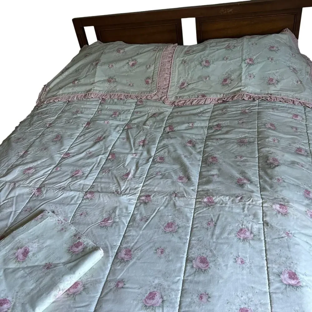 Laura Ashley Green Pink Rose rosemoor full comforter 2 shams cottage core ruffle
